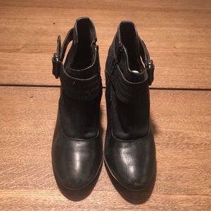 Leather and black denim fabric booties